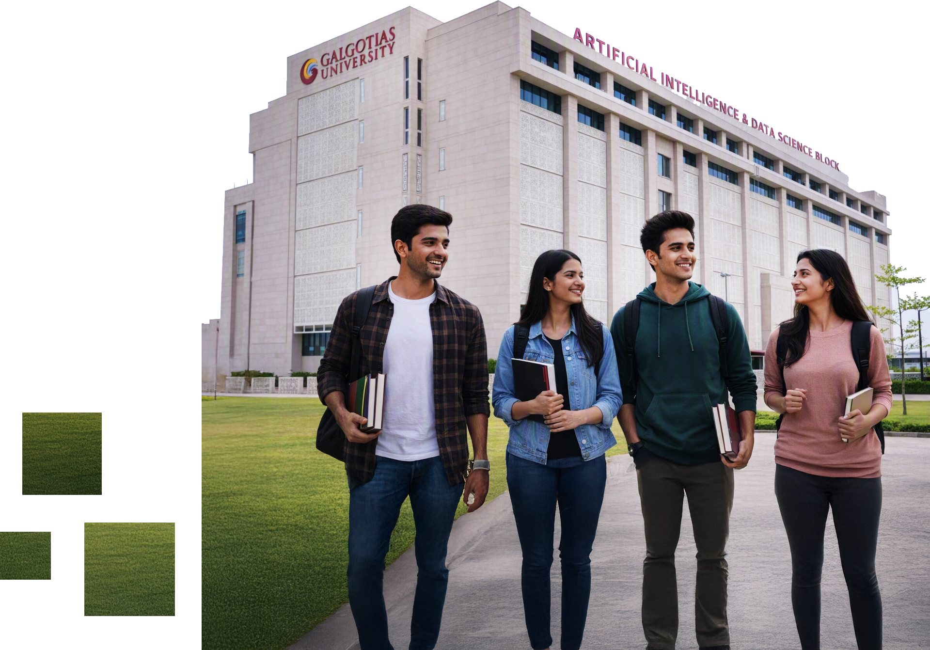 Students walking together in front of the Galgotias University Artificial Intelligence & Data Science building